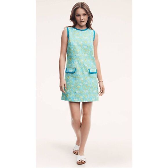 Brooks Brothers Cotton Vintage Style Lamb Print Blue Green Shift Dress Size 4